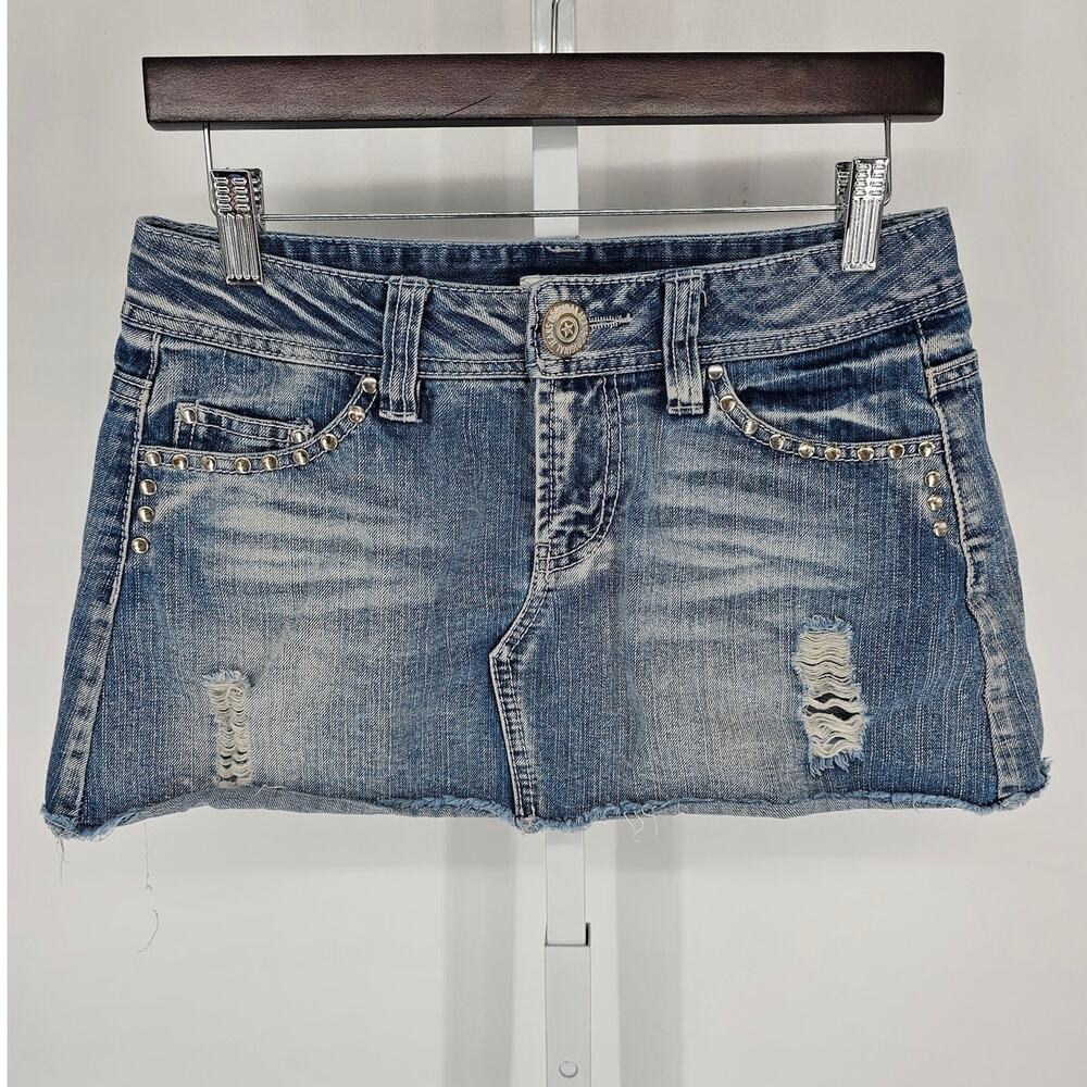 Vintage Y2K Colza Womens Sz M Blue Jean Mini Skirt Denim Studded Distressed